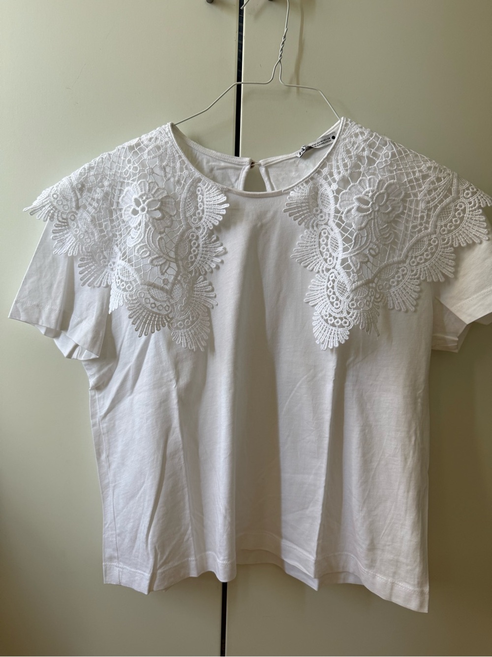 Zara White Lace Detail Top Size M Embroidered Crochet Tee